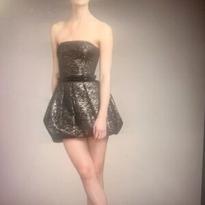 Rachel Zoe Strapless Black and Gold Metallic Bubble Hem Pleated Dress Size 8